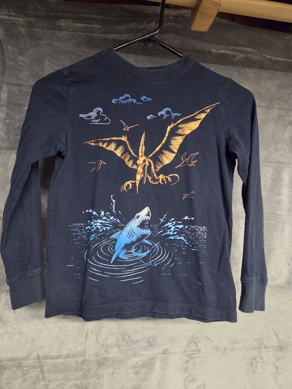 Lands' End Navy Long Sleeve Tee with Blue Shark and Orange Pterosaur Graphic